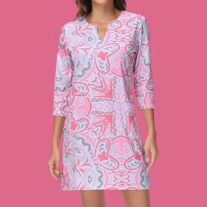 Lightbare Women’s XL Pink & Gray Patterned Tunic MIDI Resortwear Shirt Dress